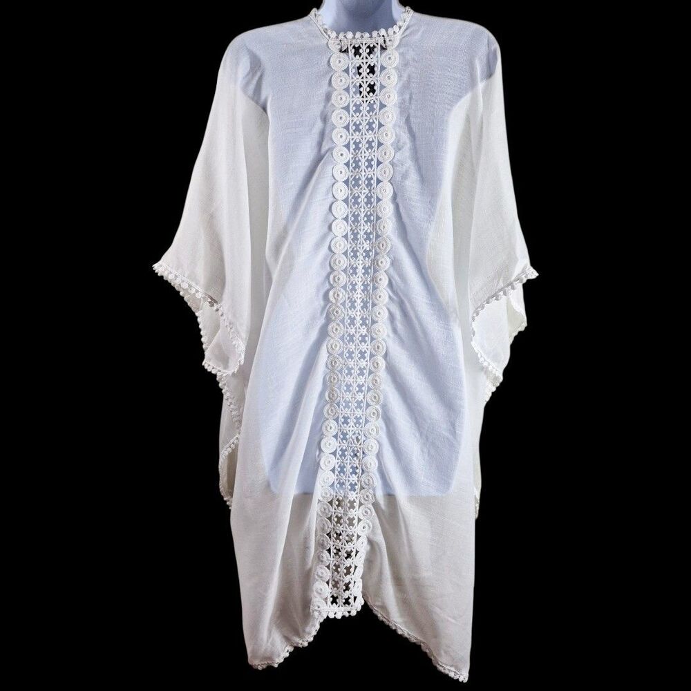 Rachel Zoe O/S White Crochet Lace Coastal Flowy Cover Up Tassel Tie Sheer Kimono - Picture 7 of 10